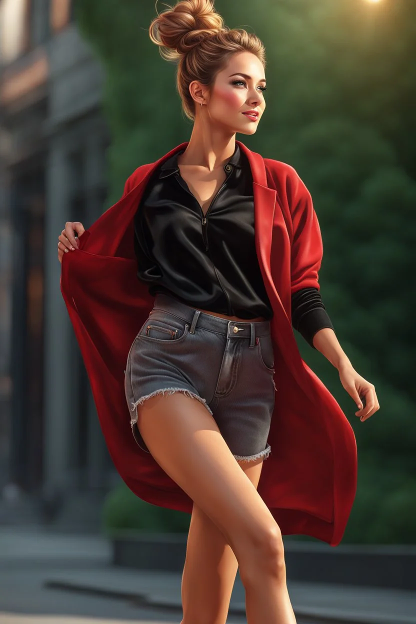 full body ,young woman with clear eyes, messy bun hair, bouncing looking back, soft velvet red/black two piece printed outfit, morning sun, cute, full body, ultra realistic, a variety of small details in the background, hyper realistic, surprised, sweet smile, 8k, HDR, 500px, by Koos Roos