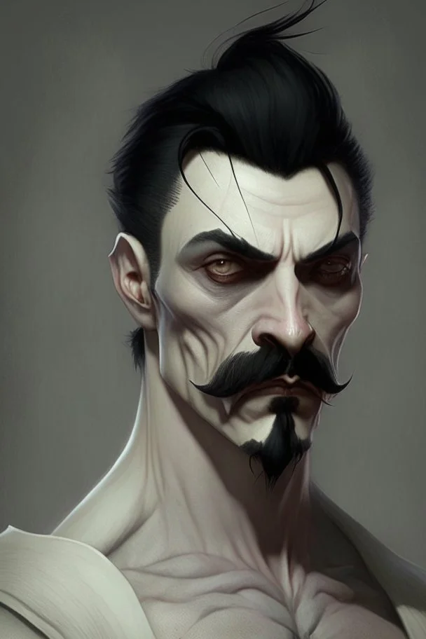 short wirey lean muscular trimmed goatee moustache sterm serious short black hair pale skin ghoul wight