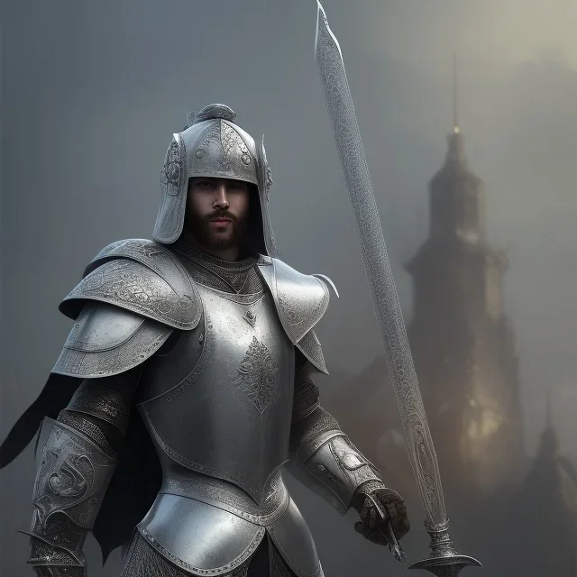  A warrior in silver armor,great sword,strong build, RTX, TXXA, SSAO, High quality,hyperrealistic, cinematic, Super detailed, Anti-Aliasing,Full color, HDR,4k, 8k