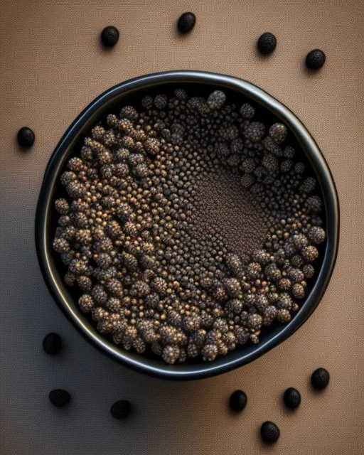 perfect fine whole Black pepper seeds on a bowl. Realistic photo. HD. Glowing. 3d style