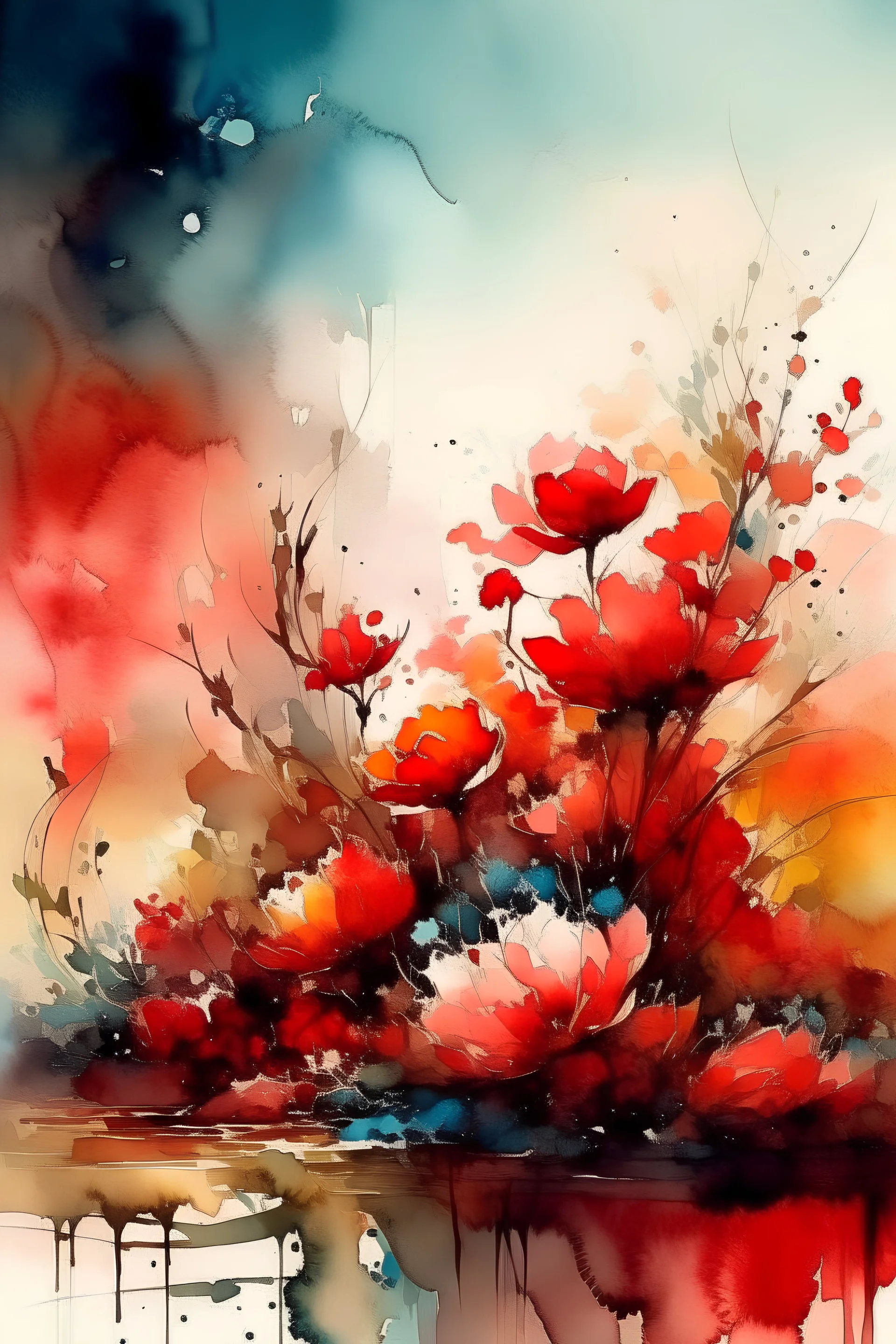 Digital colorful red watercolor Illustration of a beautiful Vibrant red flower meadow fantasy red landscape, mountain river wildflowers butterflies in the morning light, by JB, Waterhouse :: Carne Griffiths, Minjae Lee, Ana Paula Hoppe, :: :: Stylized Splash watercolor art :: Intricate :: Complex contrast :: HDR :: Sharp :: soft :: Cinematic Volumetric lighting :: flowery pastel colours :: wide long shot