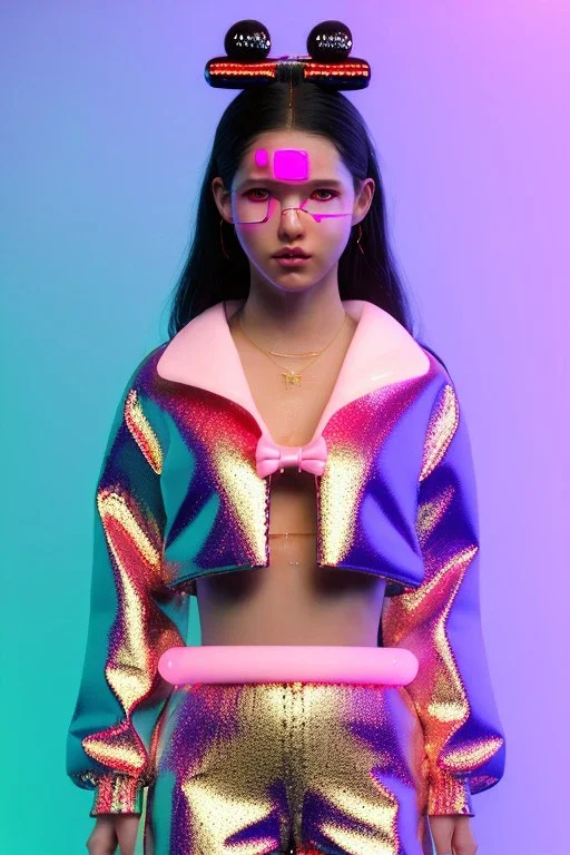 Ultra Realistic image, Rosalía artist, portrait, normal complexion, portrait, two bows with chopsticks hair , black eye long line, sweet face, t-shirt with holes, inflatable open coat, gold pink and blue style, spray glow make up, big geometric led jewelry, fog, hot, inflatable style latex coat, vibrant color, highly detailed, art stations, concept art, smooth, unreal engine 5, god rays, ray tracing, RTX, lumen lighting, ultra detail, volumetric lighting, 3d, finely drawn, high definitio