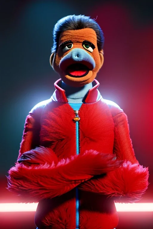 Waist up muppet Portrait, Nicolas maduro us muppet doll, Venezuelan president, tracksuit red blue and yellow, mustache, photo studio, red background, unreal engine 5, concept art, art station, ray tracing, lumen lighting, ultra detail, volumetric lighting, 3d.