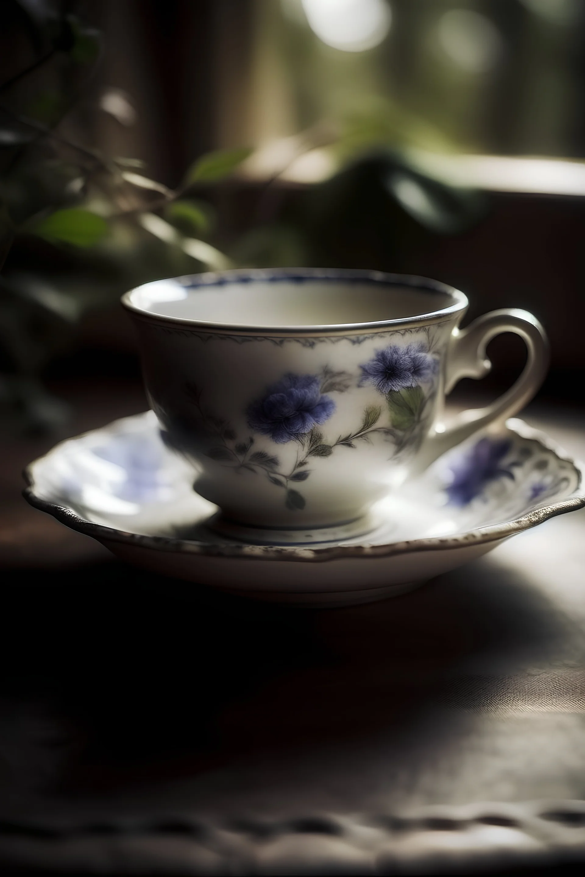 Create an image of a teacup and saucer in a serene setting, highlighting the delicate details that represent introversion and solitude.