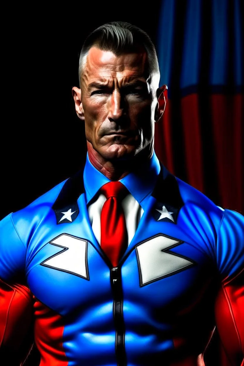 extremely muscular, short, curly, buzz-cut, military-style haircut, pitch black hair, Paul Stanley/Elvis Presley/Pierce Brosnan/Jon Bernthal/Sean Bean/Dolph Lundgren/Keanu Reeves/Patrick Swayze/ hybrid, as the extremely muscular Superhero "SUPERSONIC" in an original patriotic red, white and blue, "Supersonic" suit with an America Flag Cape,