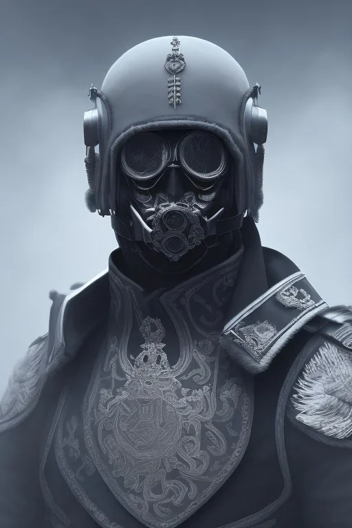 All Black Russian soldier, wearing high tech mask, white smoke, dark, rage, sorrow, high definition, ultra 8 k, volumetric lighting, blue fire, fog