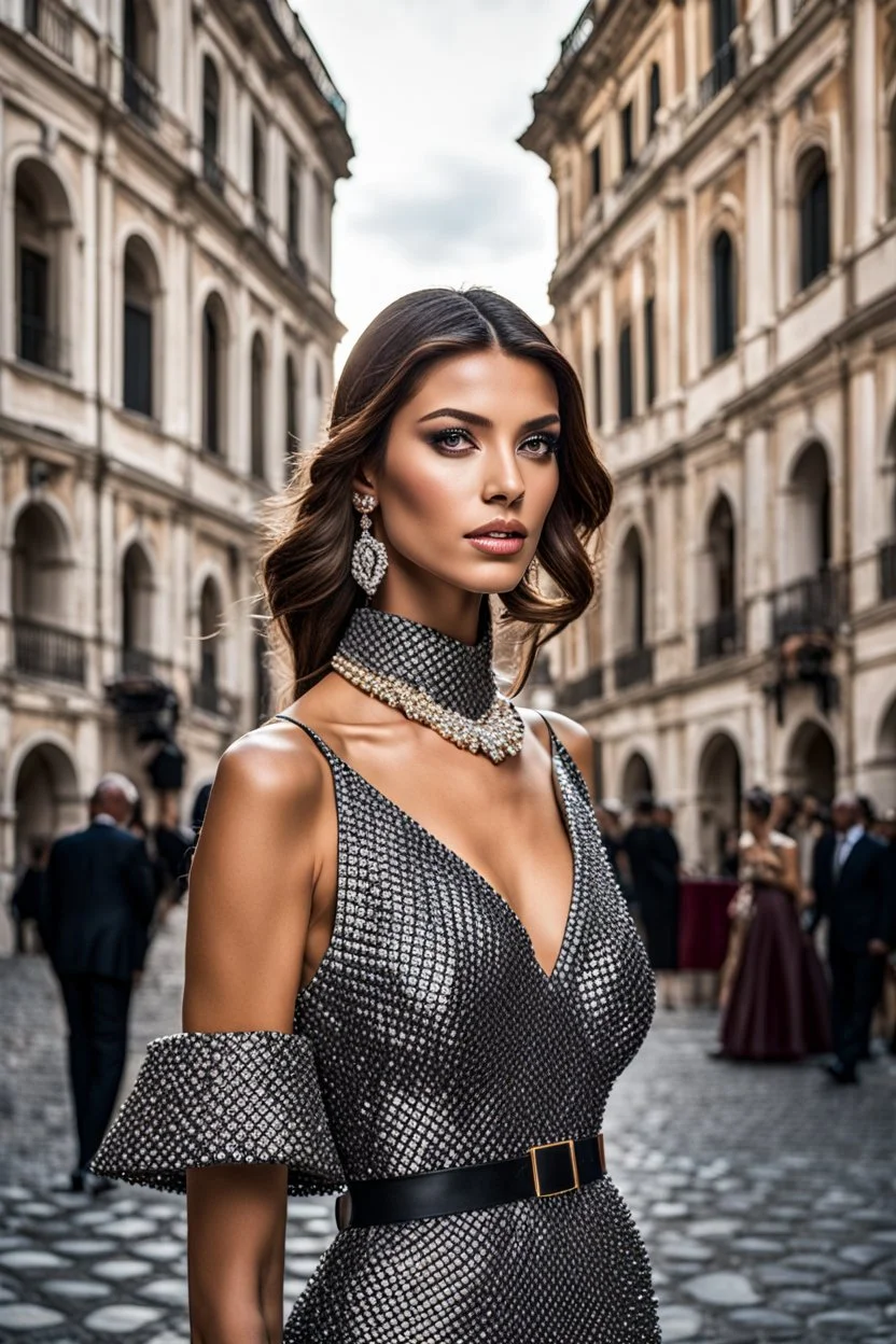 Beautiful model female fashion vogue style, portraits with dresses Gucci, Balenciaga, Chanel, background Rome via Nazionale, via Condotti, Piazza di Spagna, Dramatic ambience, wearing shining Diamond Jewelry, in sharp focus, post – processing, perfect composition, global illumination, Canon EF 16 – 35mm f/ 2. 8L III USM Lens on a Canon EOS 5D Mark IV camera, Cinematic lighting, Dramatic lighting, sharp focus, photorealistic, Ultimate Luxury, romantic mood, expressions, 4k, 8k, 16k, full ultra hd