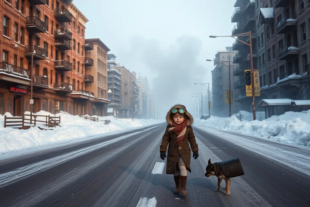 long shot panoramic of desolate post-apocalyptic street in an empty destroyed crumbling smoking city, post-apocalyptic winter dystopia, large husky dog walking beside a little girl dressed in steampunk snow goggles down middle of street, head-wrapping, and heavy robes; winter, freezing, massive snow drifts, snow and ice particles, dramatic