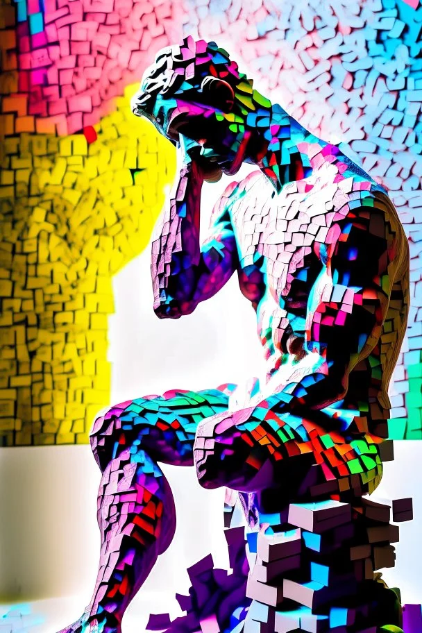 Artistic photo in the audacius style of Jill Greenberg, upclose striking image about "The Thinker statue", the statue as main focus in a white room with his body covered in movie scene shadows playing on the body about news and movie scenes. Exploding into the air are colourful matrix data and virtual numbers, on the floor are broken pieces of statue, questioning the role of deep thought in an increasingly digital and disconnected world, , extravagant, barroque escene