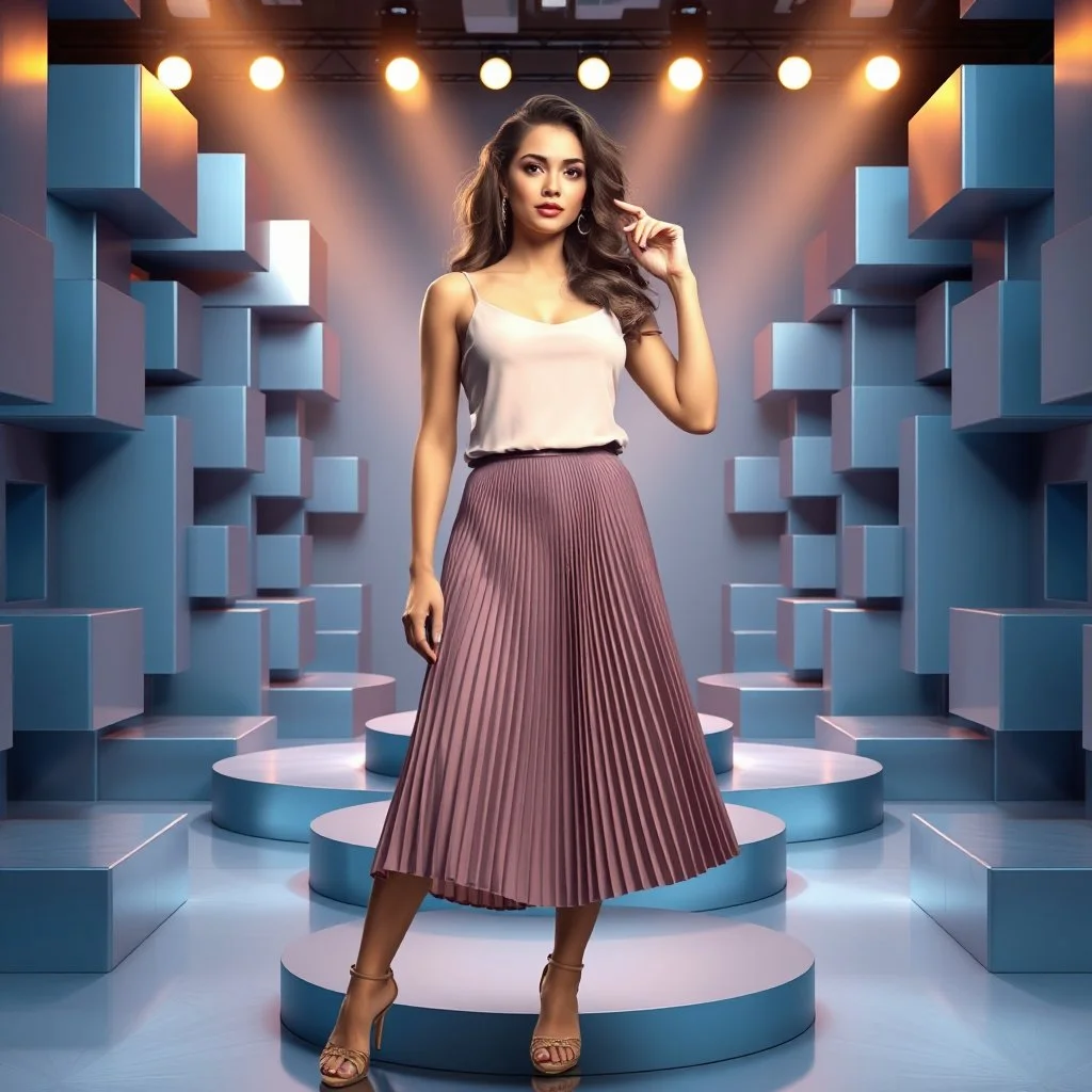 make a picture pretty stage made of metallic blue-gray teme 3d recursive cubic and sphere and cylinder base structures and a beautiful fashion model lady standing with cute in scene with sexy top and pretty pleated midi skirt ,makeup curvy long hair,dynamic camera zoom to full body and pan, dynamic lights.