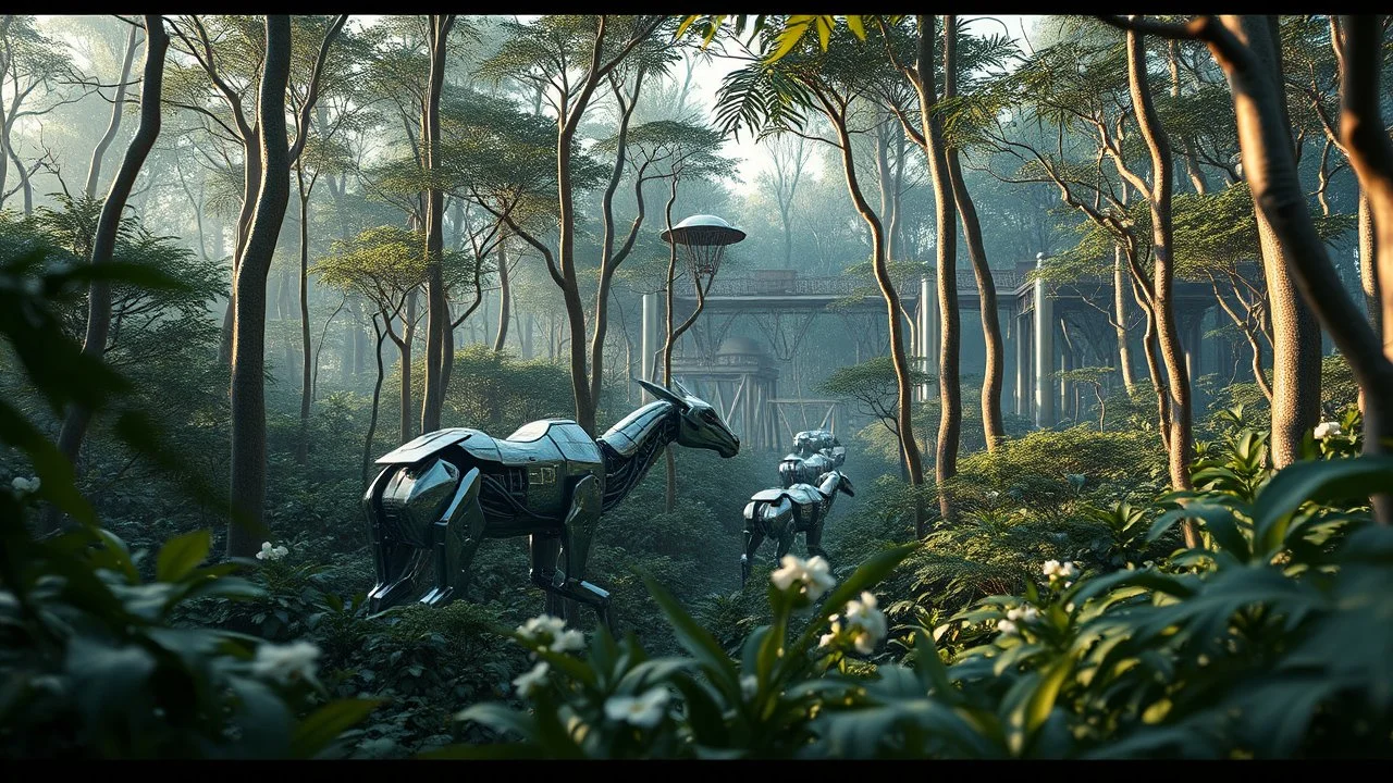 A dense forest where the trees and plants are made of sleek, metallic materials and intricate circuitry. Robotic animals roam among the foliage, their bodies covered in a mesh of wires and sensors that mimic natural forms, Ultra Realism, beautiful intricate insanely detailed octane render, 5d, 16k, artistic photography, natural volumetric perfect light, chiaroscuro, award-winning photograph, masterpiece, rule of thirds, 80mm lens, adjust perspective