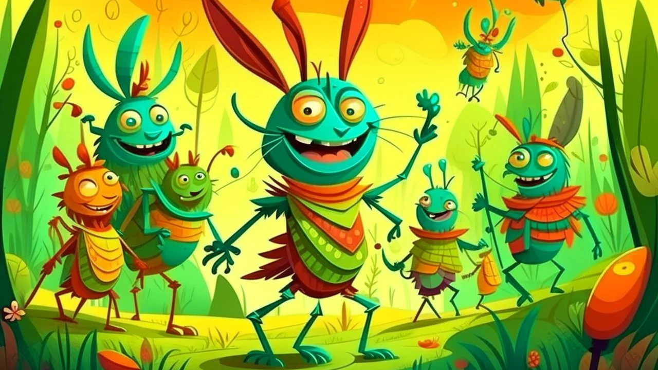 fantasy cartoon style illustration: the grasshopper has a radiant and vibrant carnival costume. He amazed all the others woodland animals!