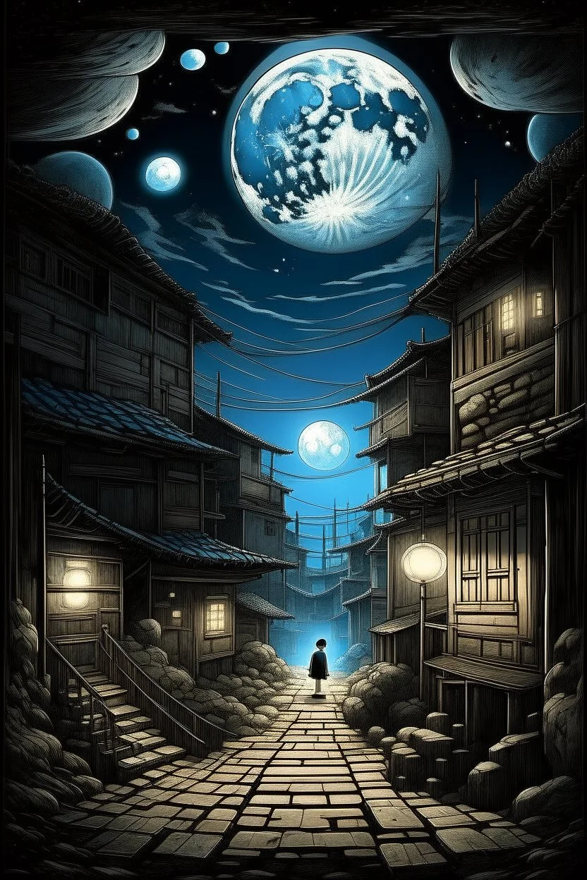 ROOM OF THE MOON BUILDER BUILDING THE MOON HIDDEN SHADOWY FIGURES LABIRINTHINE STREETS STYLE OF HIROKU OGAI