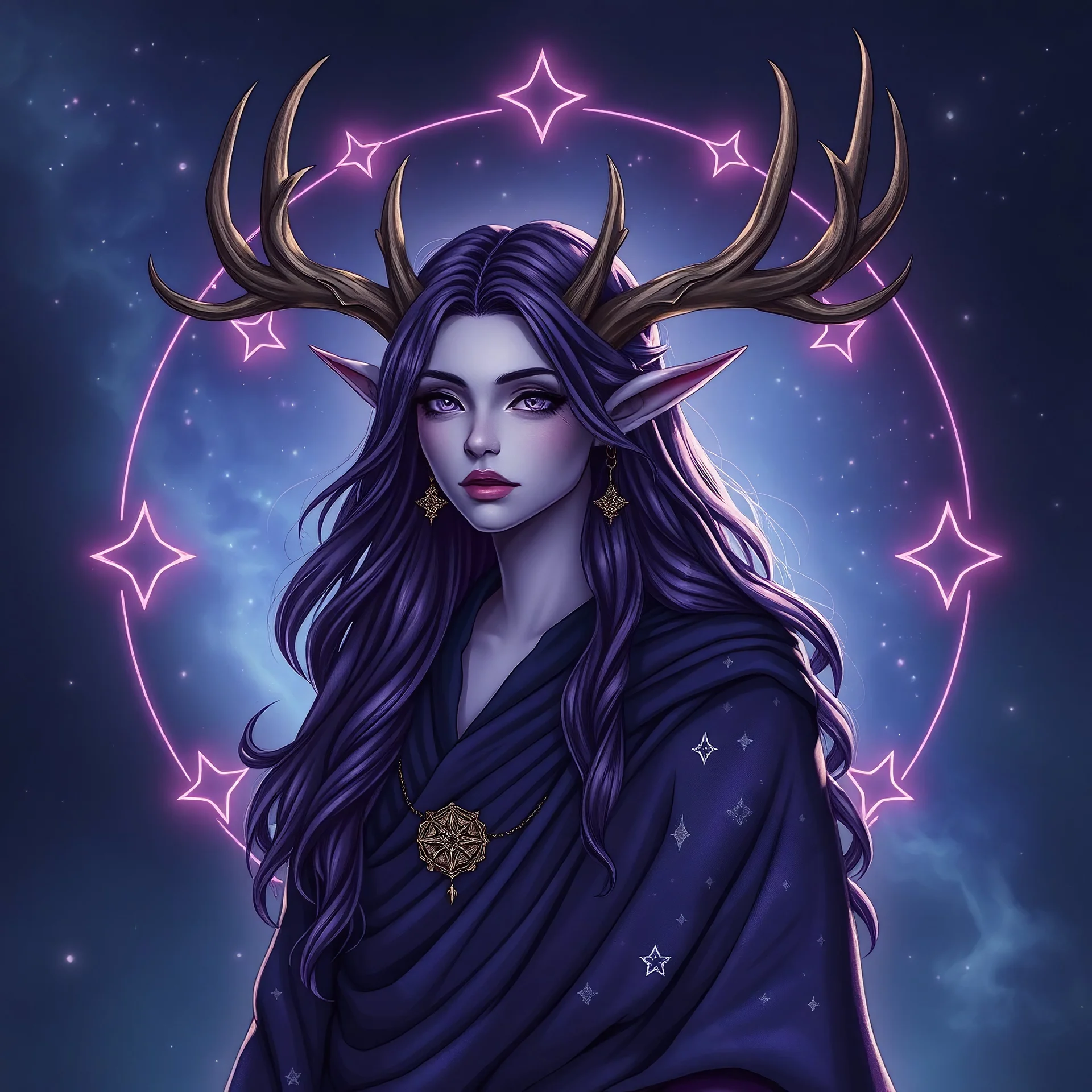 Eldarin circle of stars female Druid with purple hair with antlers and a starry robe light purple skin