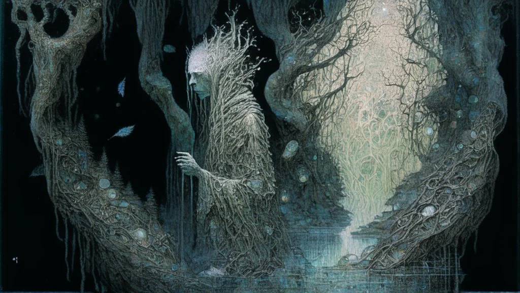 “The Hermit of a Chasm of the Forest” done delicately on rice paper; neo-surrealism dystopian eldritch elegant fantastical intricate hyperdetailed holographic magnificent meticulous mysterious ominous