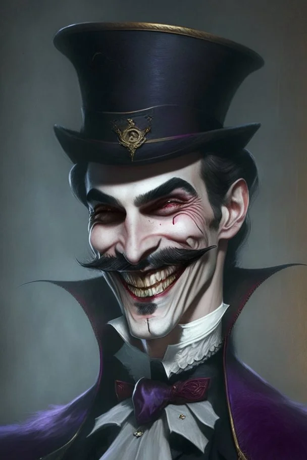 Strahd von Zarovich with a handlebar mustache and a top hat with a sadistic grin