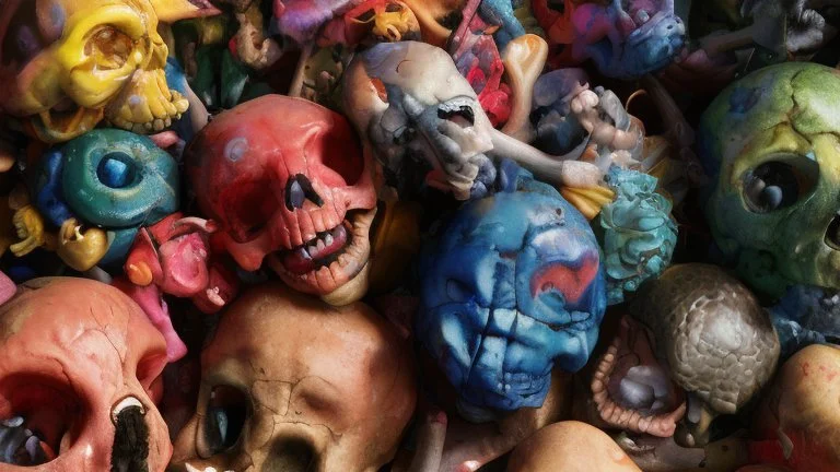 a picture of a dark, comedic, anatomically correct wall of colorful tightly packed skulls of varying sizes and expressions, photo realistic, insanely meticulous, highly detailed, part of a collection of bones on display, 64k, dystopian, vray