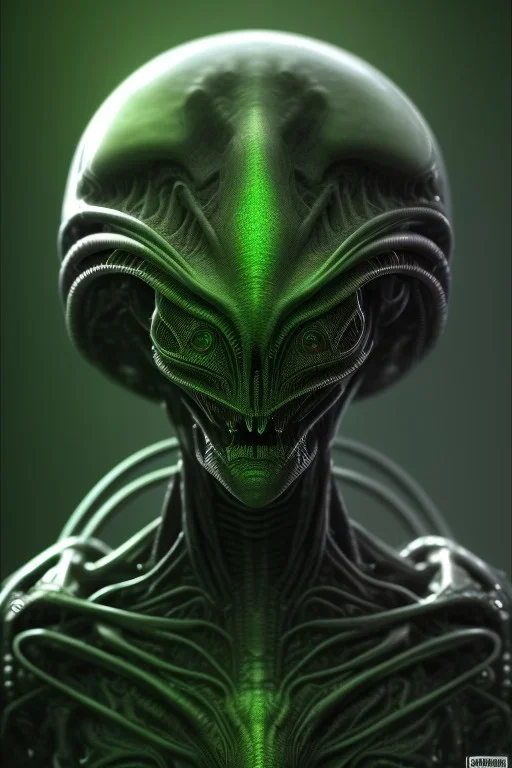 alien, head, evil,green eyes, weapons, blood, 8k, finely detailed, photo realistic, HR Giger style