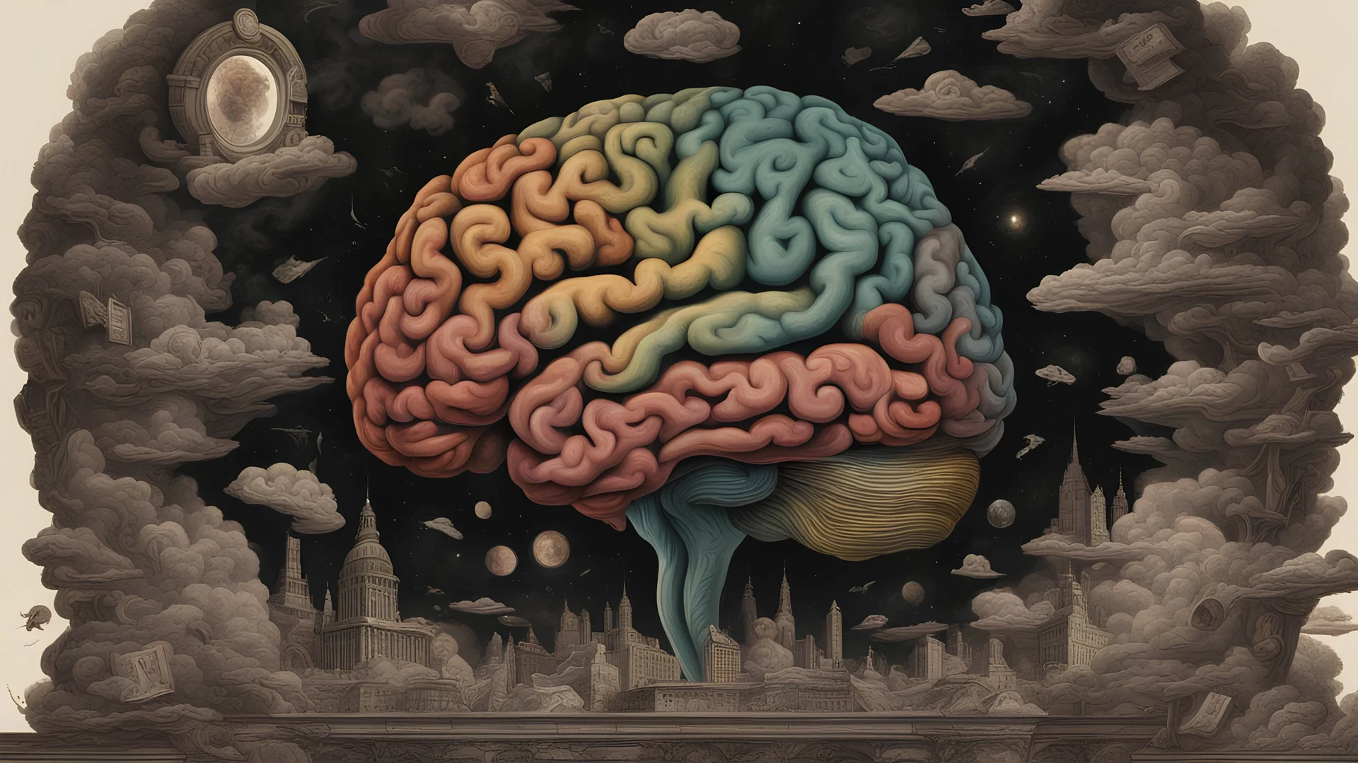 The image depicts an intriguing scene where the human brain is surrounded by a cloud of mystery and secrets. The brain is portrayed at the center of the image, vividly colored and detailed, bearing the marks of the mental laundering it has undergone since the beginning of life, represented by various colors symbolizing experiences and transformations.The atmosphere surrounding the scene is characterized by mystery, with thoughts and secrets intermingling in a colorful array of mist. This mystery