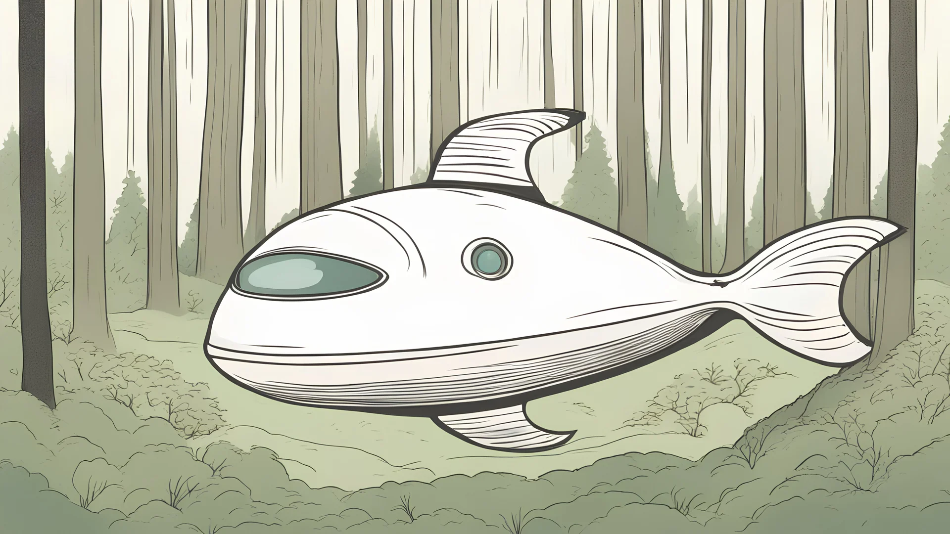 spaceship shaped like a flatfish, in a forest clearing