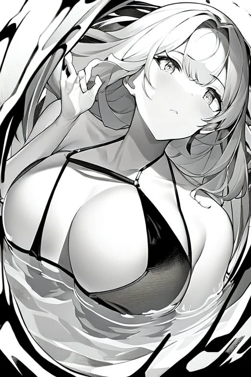 girl in a bikini floats in the water, orthogonal top view, greyscale