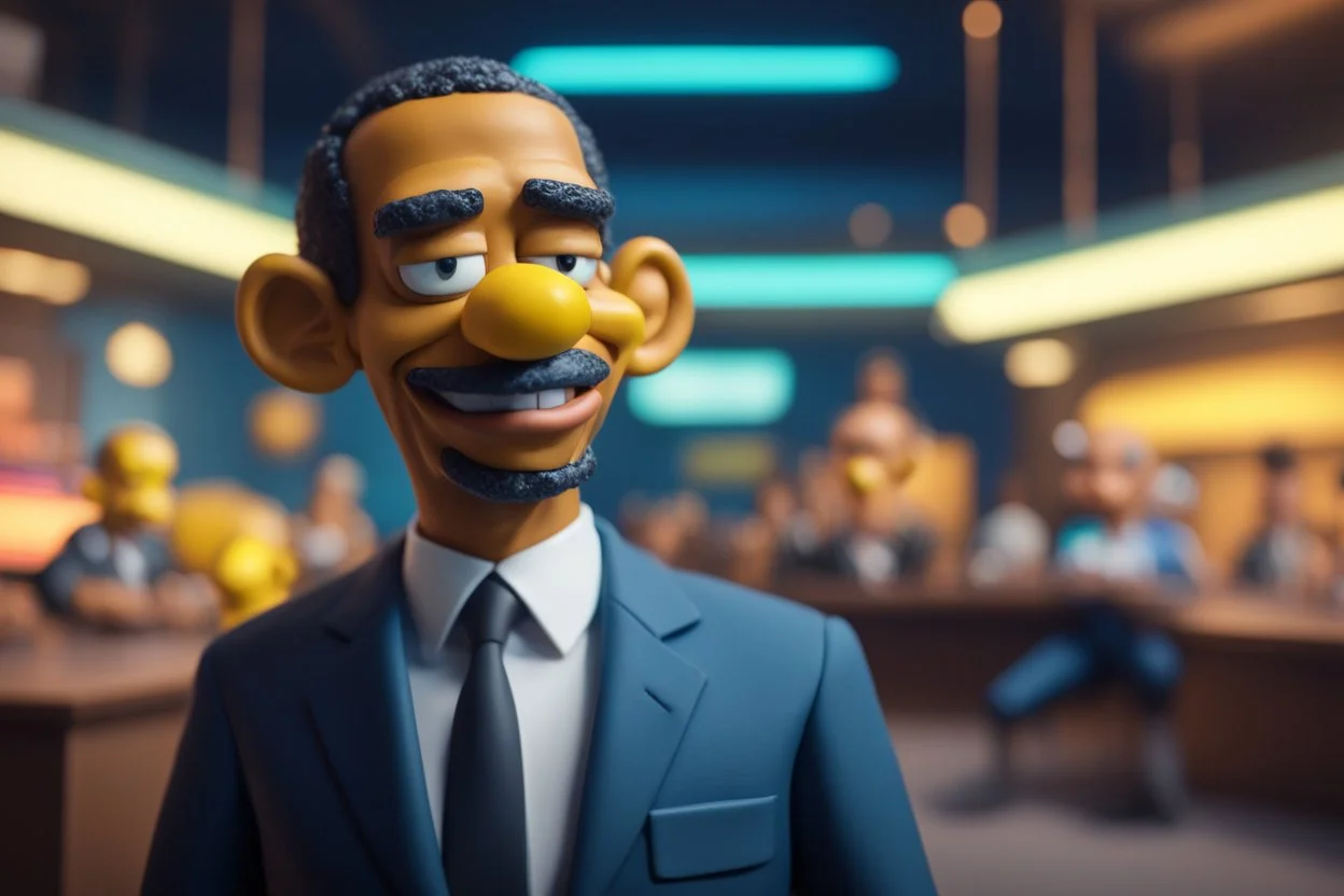 Barrack Obama as Apu in homer simpson in the style of tron movies , bokeh like f/0.8, tilt-shift lens 8k, high detail, smooth render, down-light, unreal engine, prize winning