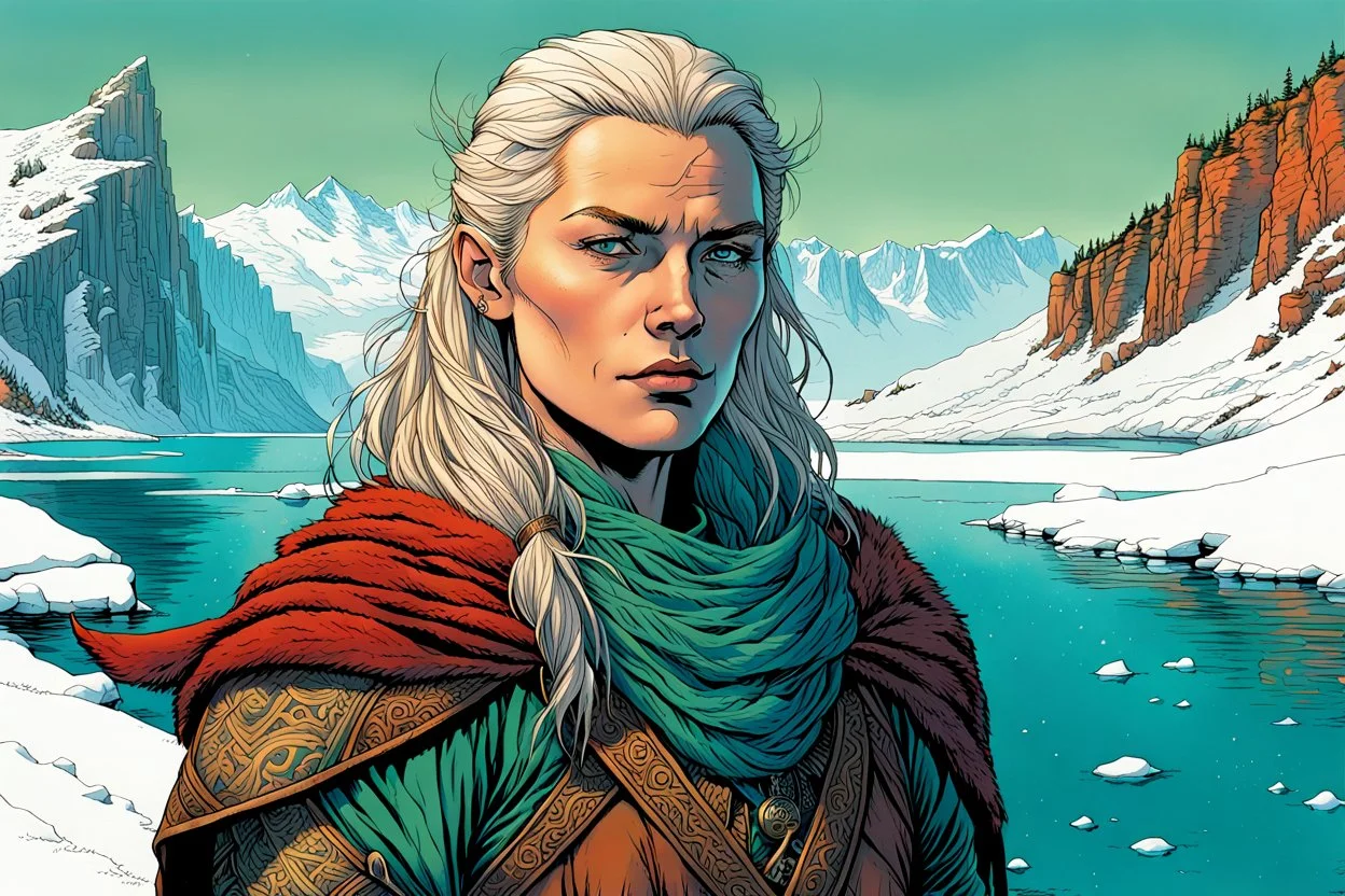 create a full body portrait of a pale female Norse tribal mercenary with highly detailed, delicate feminine facial features, inhabiting an ethereal Northern winter fjord land of pristine blue waters, in the comic book style of Jean Giraud Moebius, David Hoskins, and Enki Bilal, precisely drawn, boldly inked, with vibrant colors