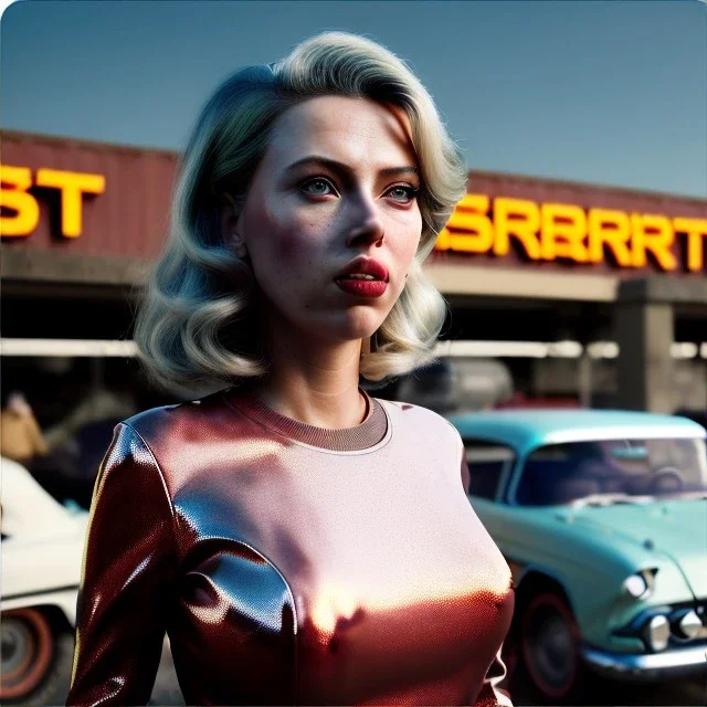 Ultra Realistic retro sci-fi burst Supermarket parking scene, 1960 year, blonde woman, sweet scarlet Johansson face, perfect iris, glow eyes, face makeup, tight latex coat; many panic people looking, Retro sci-fi style, soft color, highly detailed, unreal engine 5, ray tracing, RTX, lumen lighting, ultra detail, volumetric lighting, 3d, finely drawn, high definition, high resolution.