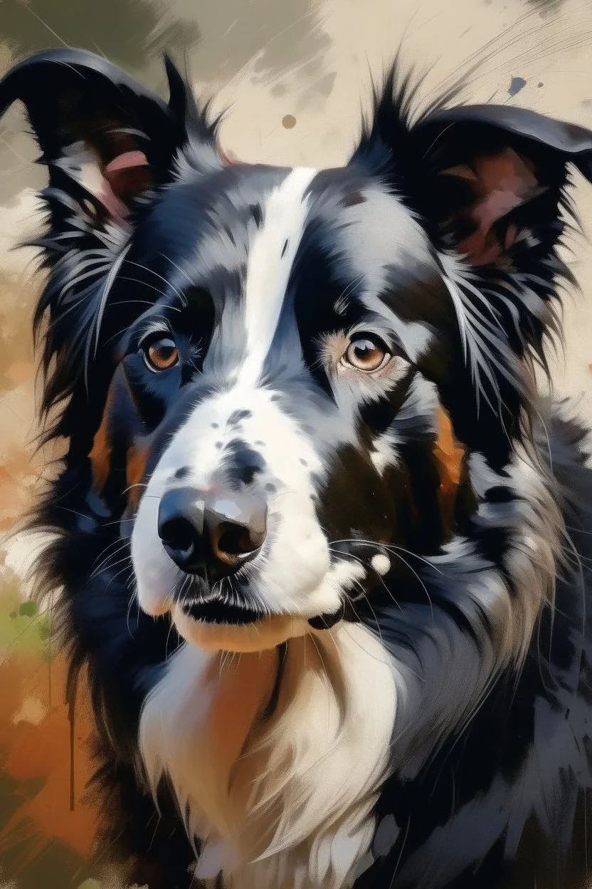 border collie portrait painterly, brush work, heavy brush work, impressionistic, painting process impasto