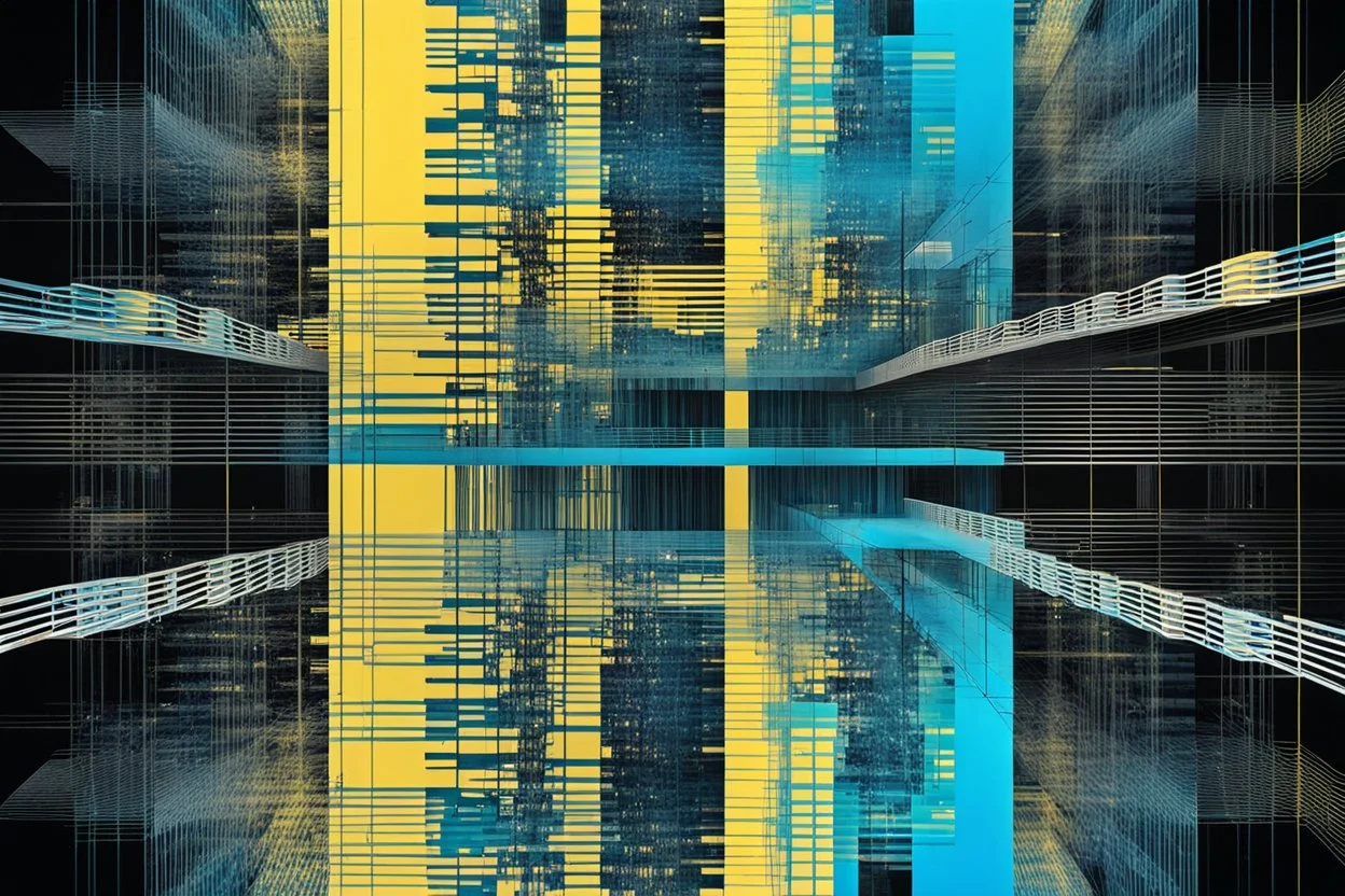 Double exposure transparent glich picture silhouette of a building, bridges, abstract patterns, glitch art with distorted shapes, optical illusion, gray-yellow and blue gradient effect, rhythmic noise particles. Grain scored texture. Black background.