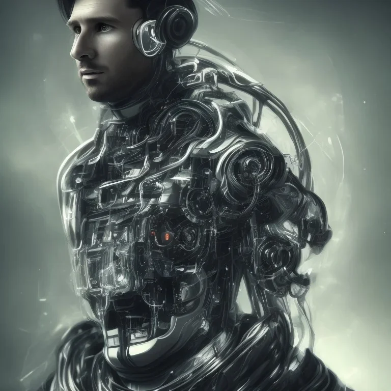 portrait face lionel messi, robot, long black hair, intricate, sci-fi, cyberpunk, future,