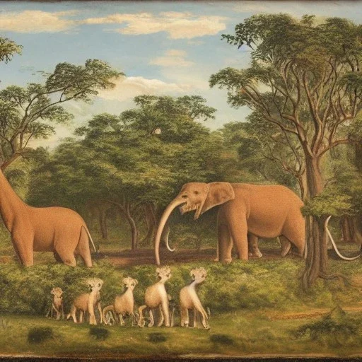 Portrait of a zoo of a lion, elephant, giraffe, monkeys and trees