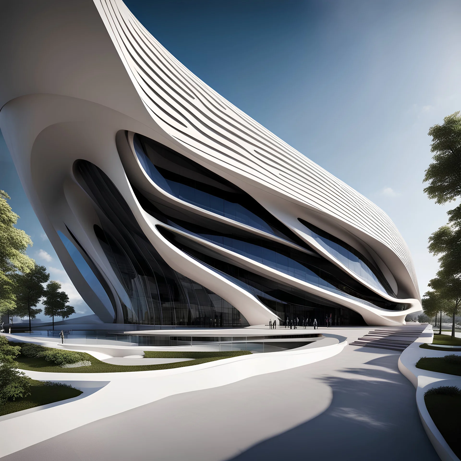 Fachada frontal de un museo estilo Zaha Hadid calidad ultra 12k