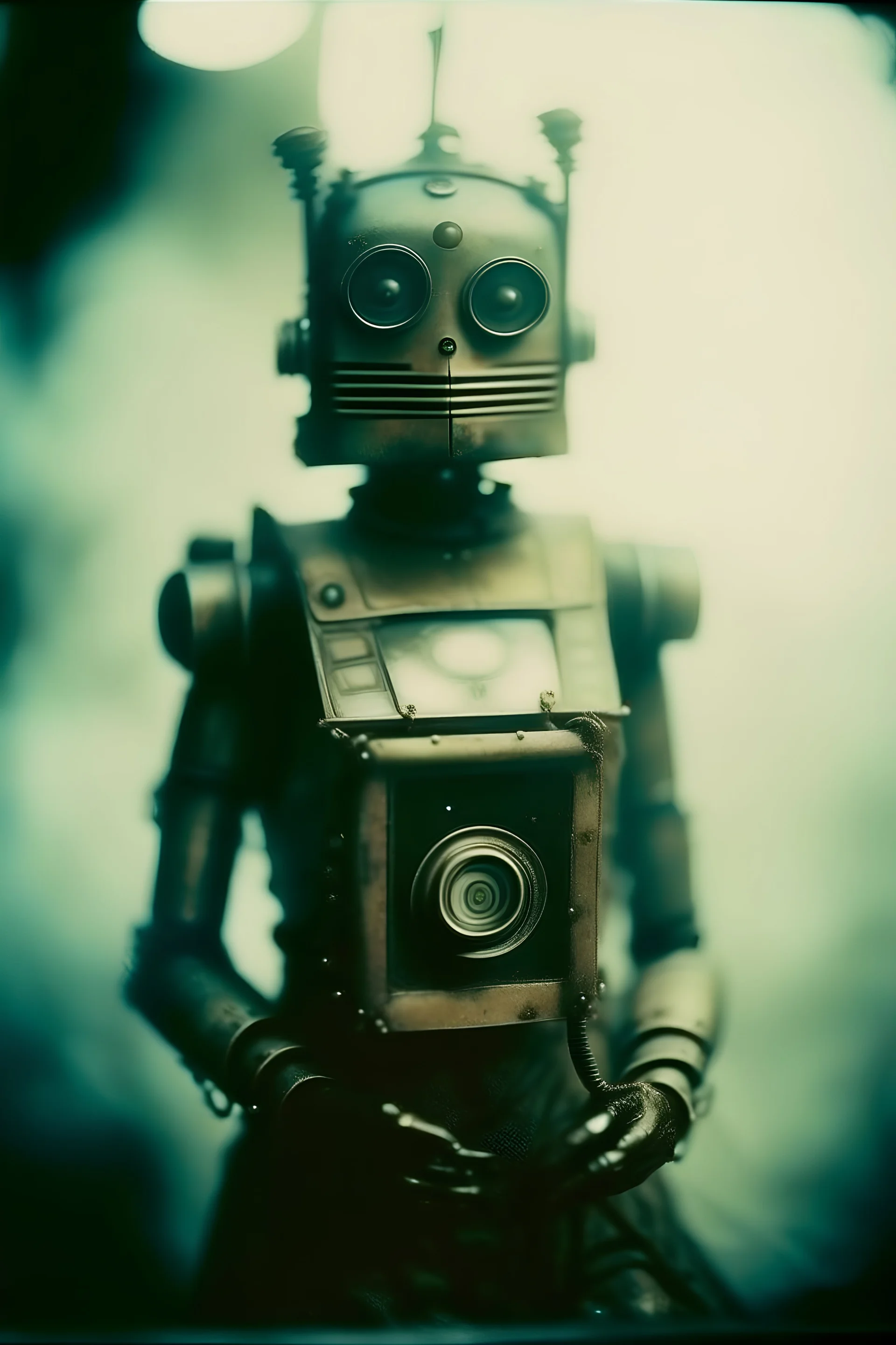 steampunk, vintage analog polaroid of a woman robot, female body, fog, lomography, heavy film grain, night, color bleed, depth of field, bokeh, retro