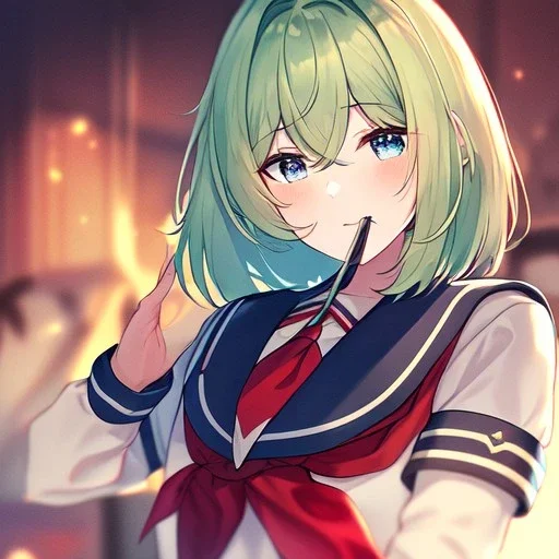 Clear focus, High resolution, short light green hair, blue eyes, wearing a sailor uniform, red tie, wearing a sailor skirt, eyes closed, mouth open, 1girl, spiky hair