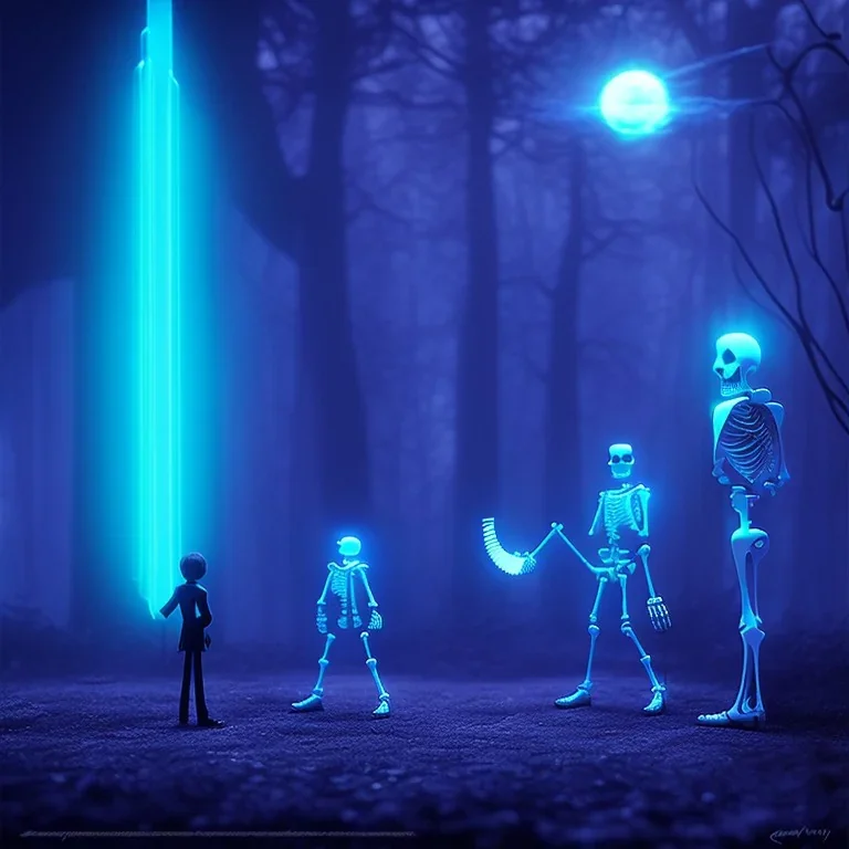 The Grim Reaper and the Skeleton in Tron world, discussing the future of the universe, art by Magritte and Pixar