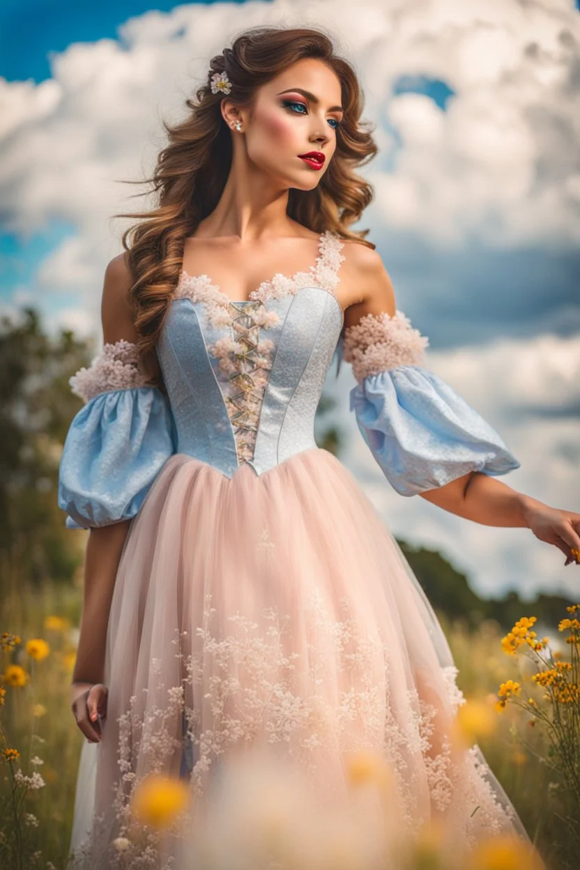 fullbody girl makeup wearing a victorian dress walking in country side ,flowers ,pretty clouds in blue sky