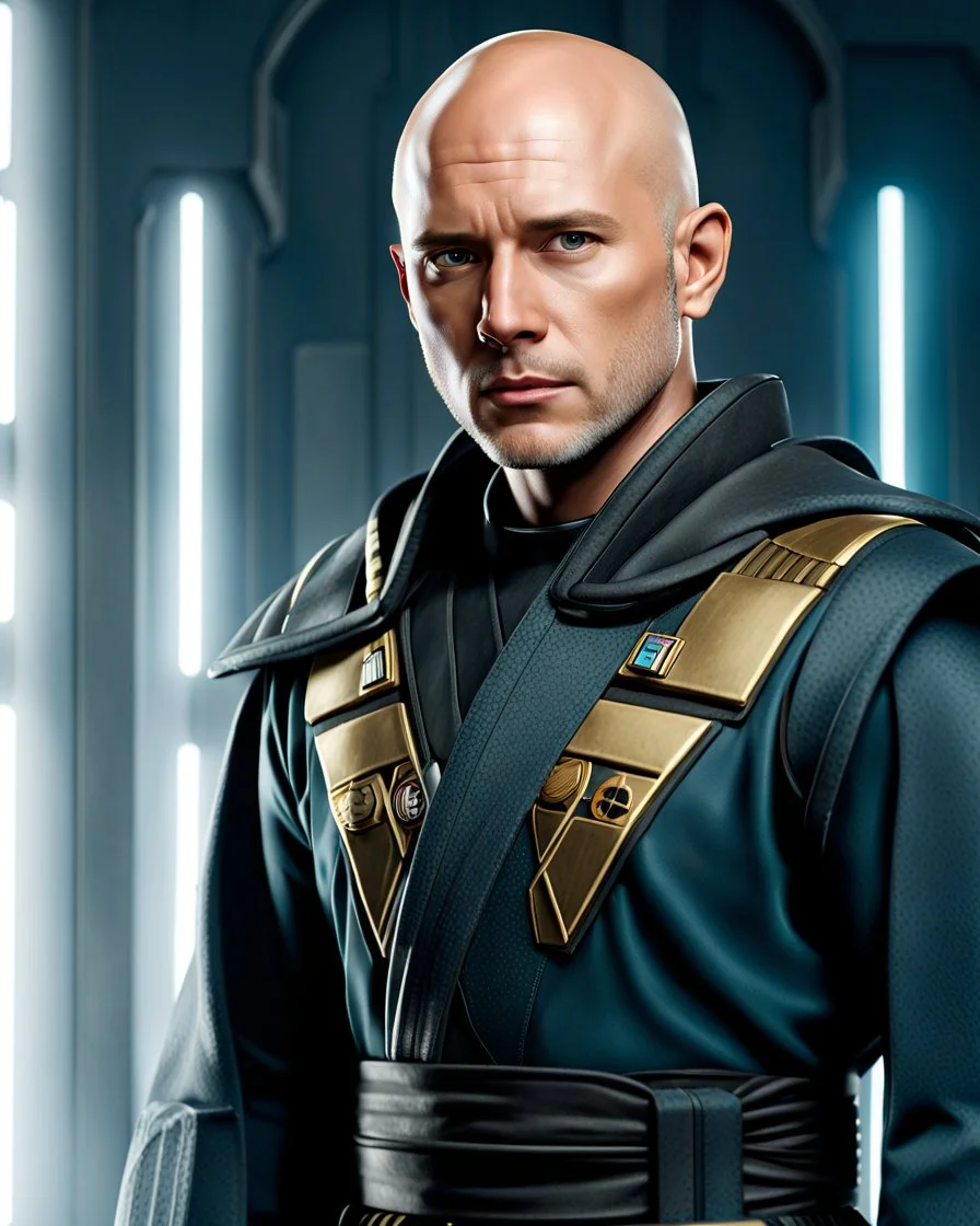 star wars bald male corellian pilot wearing dark gunmetal grey and black First Order special forces TIE pilot armored flightsuit and helmet with gold trim inside the jedi temple, centered head and shoulders portrait, hyperdetailed, dynamic lighting, hyperdetailed background, 8k resolution, volumetric lighting, light skin, fully symmetric details