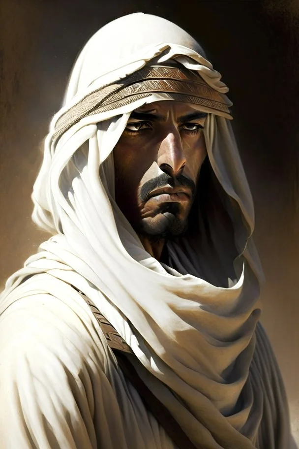 An Arab warrior in plain robes and a pale face