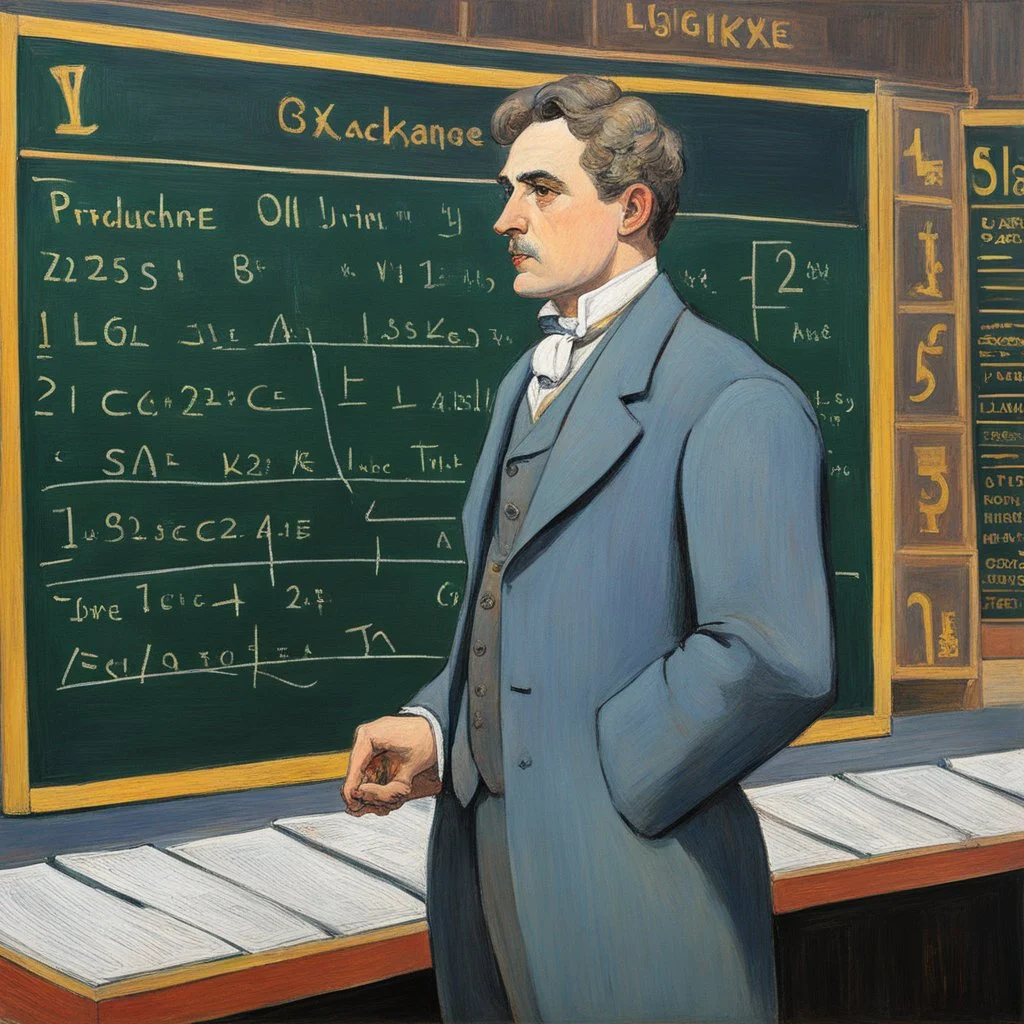 a naive painting of the stock exchange trader in front of the blackboard displaying prices: he underlines the fixing with chalk, thick lines, large areas of flat color, la ligne claire by Kupka