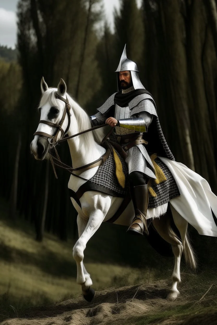 Medieval knight with a black and white checkered cape with a bright colored Lance riding a horse in the wilderness