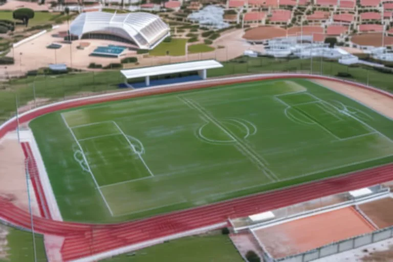 Cândido de Oliveira" Football Stadium, an aerial photograph taken by a drone in a futuristic landscape in an abandoned Alentejo village with white neon light, Shot on Canon EOS R5, 50mm lens, depth of field, shutter speed 1/ 1000, f/ 2. 8, white balance, 6000k. High resolution, realistic details, HDR efects, film grain, 4K. –ar 16: 10 –