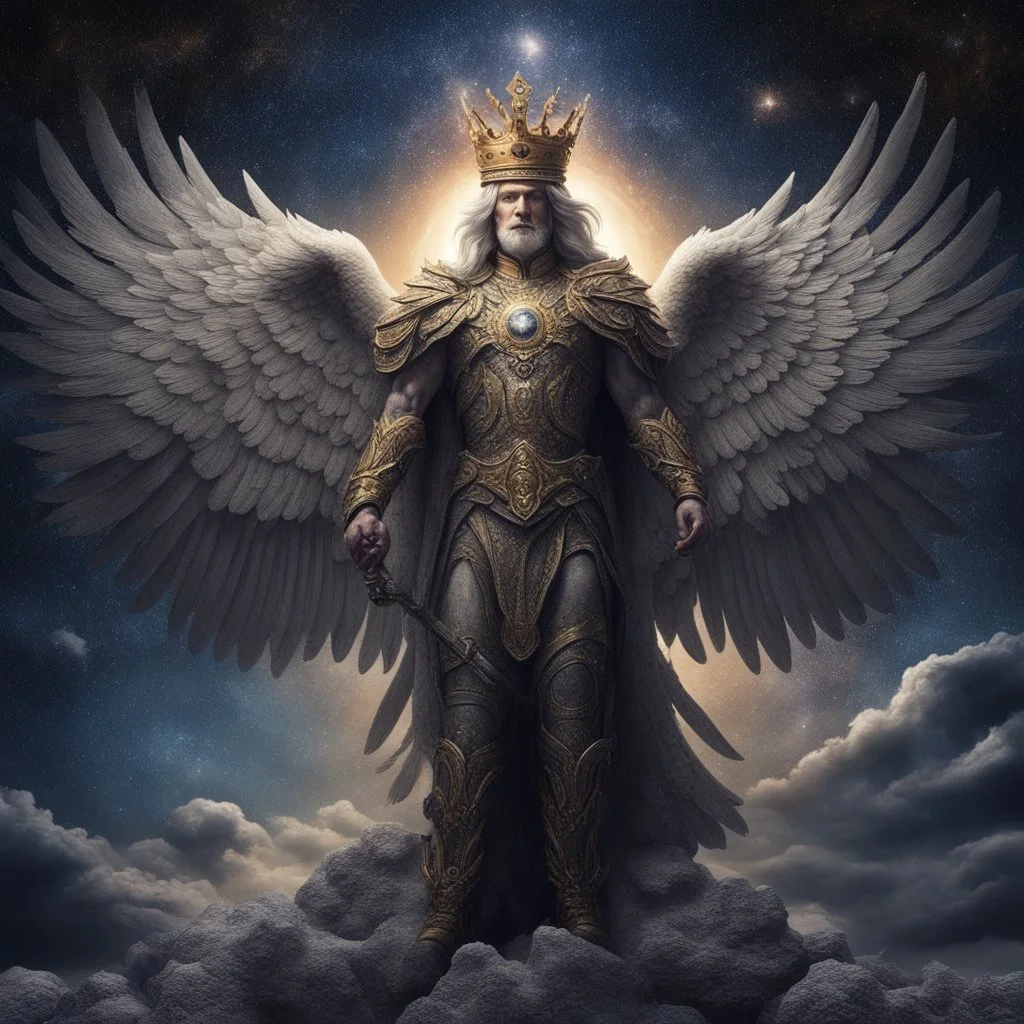 God-like man with infinite power who owns the galaxies and wears a beautiful crown, a jewel of diamonds and galaxies with weapons riding on a creature with an eagle head and eagle wings and eagle hands