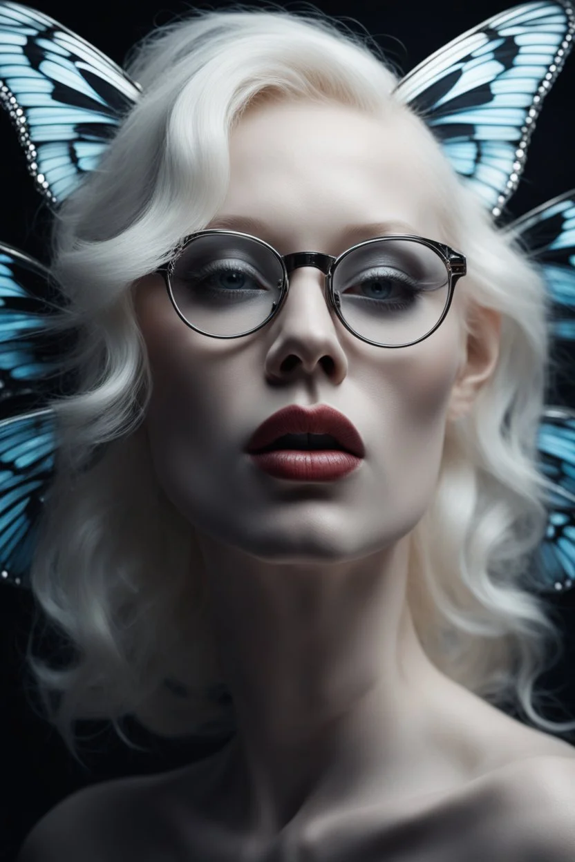 surreal,close up portrait an albino woman, the huge butterfly crawls out of from her mouth, dramatic lighting, photorealistic, 4k, highly detailed, sharp focus, acclaimed artwork, noir, dark, bizarretylized with glasses, bizarre,surreal,