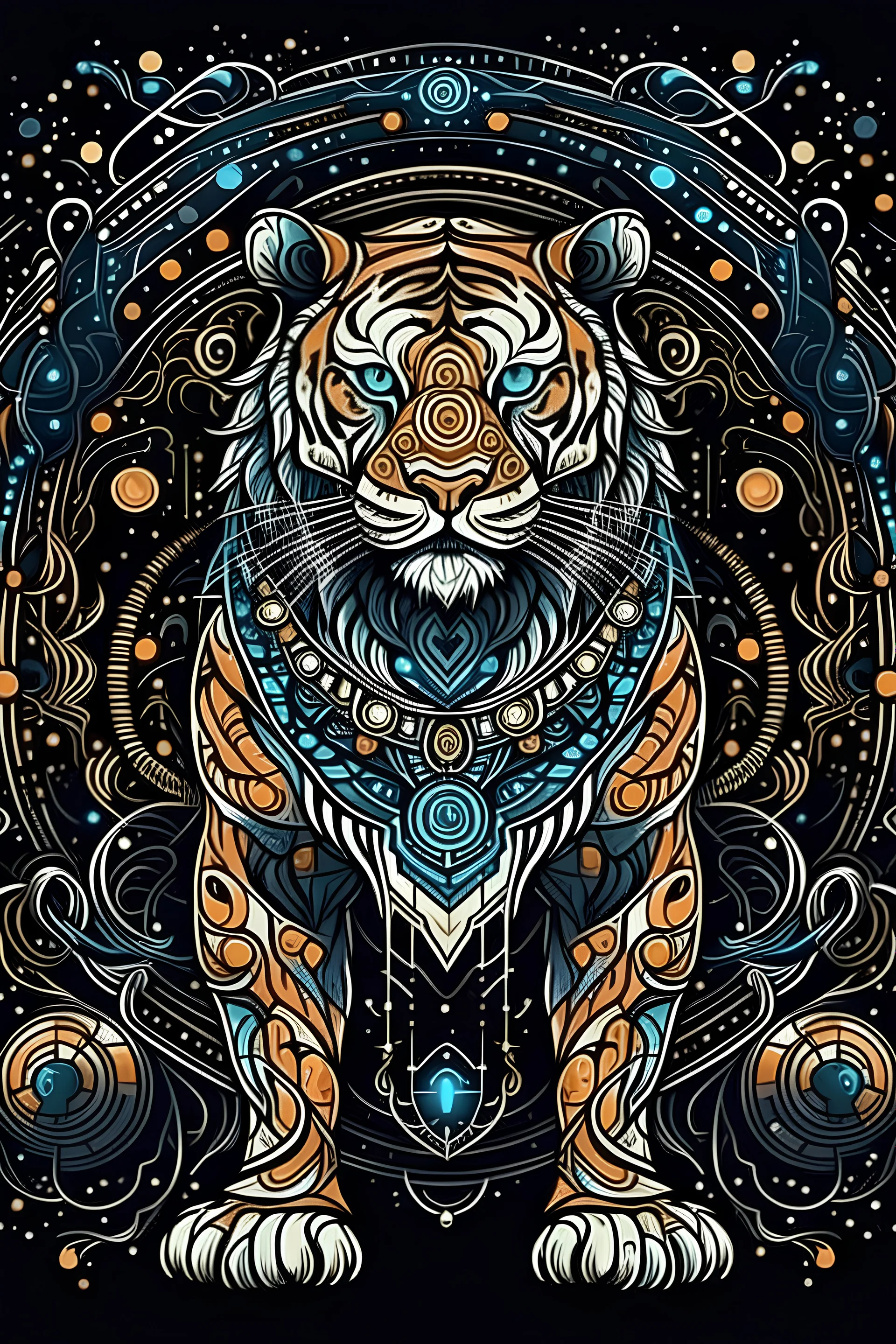 Illustrate an Astral Tiger in a cosmic desert, blending futuristic elements with mandala details. Sketch style, full body, on a black background