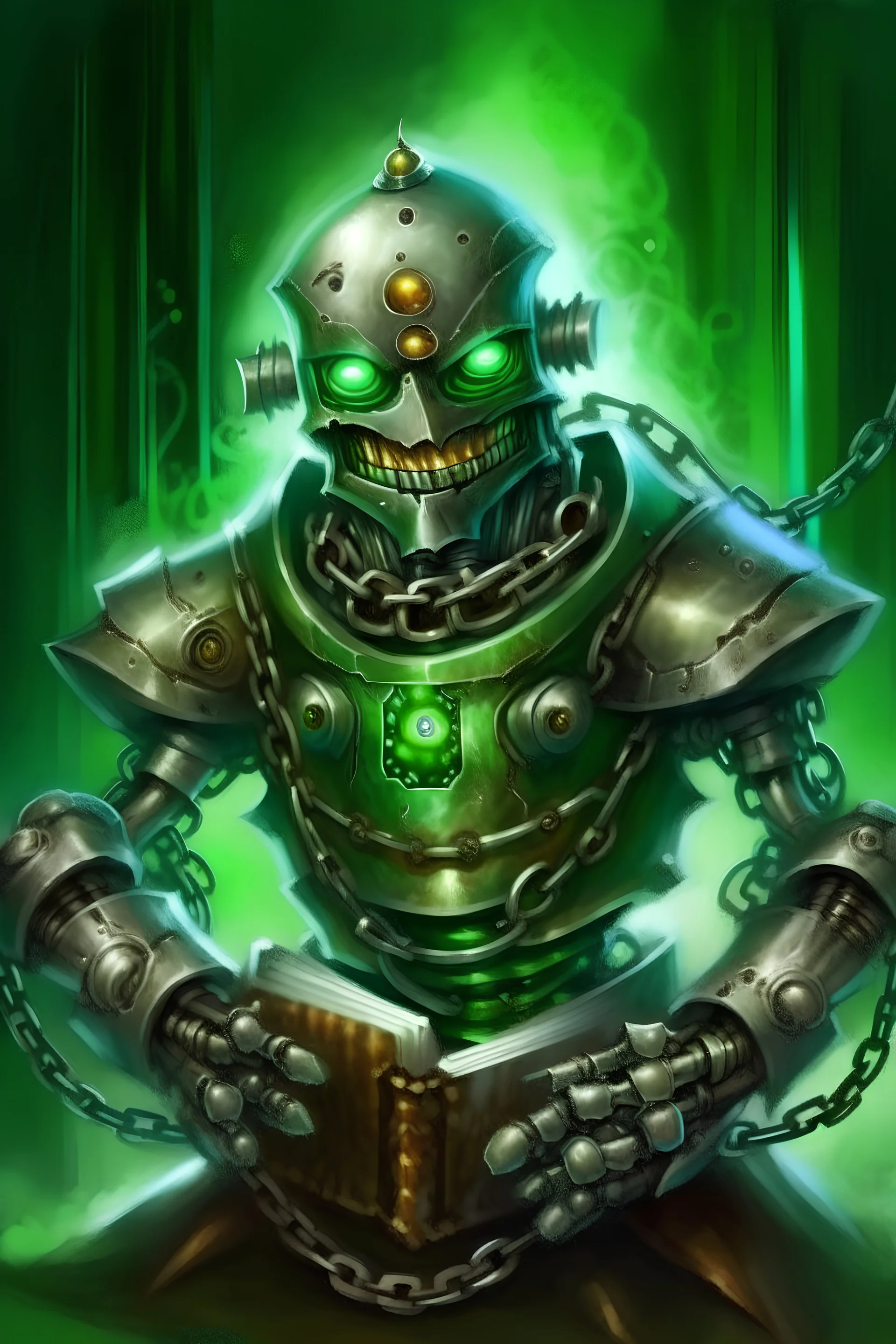 book illustration, oil painting portrait of metallic green faced slightly knightly smirking robot vampire holding small earth in chain, bokeh , high detail, smooth render, prize winning