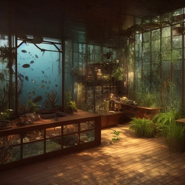 a gorgeous, stunning underwater deck with paned glass wall, dark wood floor, plants and foliage, iron bbq pit and intricate furniture, 8k resolution, high-quality, fine-detail, digital art, detailed matte, volumetric lighting, illustration, 3D octane render, brian froud, howard lyon, selina french, anna dittmann, annie stokes, lisa parker, greg rutowski, George Grie, Ben Goossens, Igor Morski