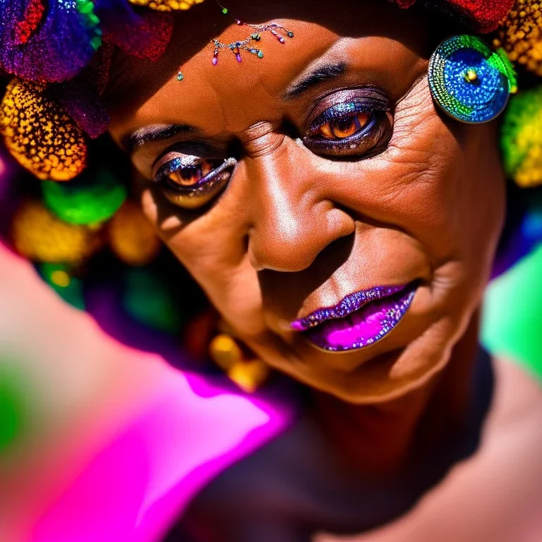 masterpiece, best quality, old woman, dark skinned, sparkling eyes, fluorescent skin, colorful makeup, afro, head shot, highly detailed body, sun light, 4K, RAW, depth of field, high contrast, realistic details, 24mm