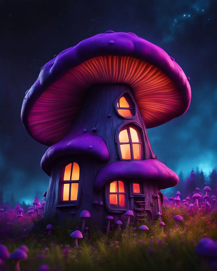 An asymmetrical mushroom house in the night sky. in space. Bright Bold Bright Colors, purples blues greens, Stark Dark background. Detailed Matte Painting, deep color, fantastical, intricate detail, splash screen, hyperdetailed, insane depth, Fantasy concept art, 8k resolution, trending on artstation, Unreal Engine 5, color depth, Deep Colors, backlit, splash art, dramatic, splash art Style. High Quality, Painterly, Whimsical, Fun, Imaginative, Bubbly, good detail, perfect composition,