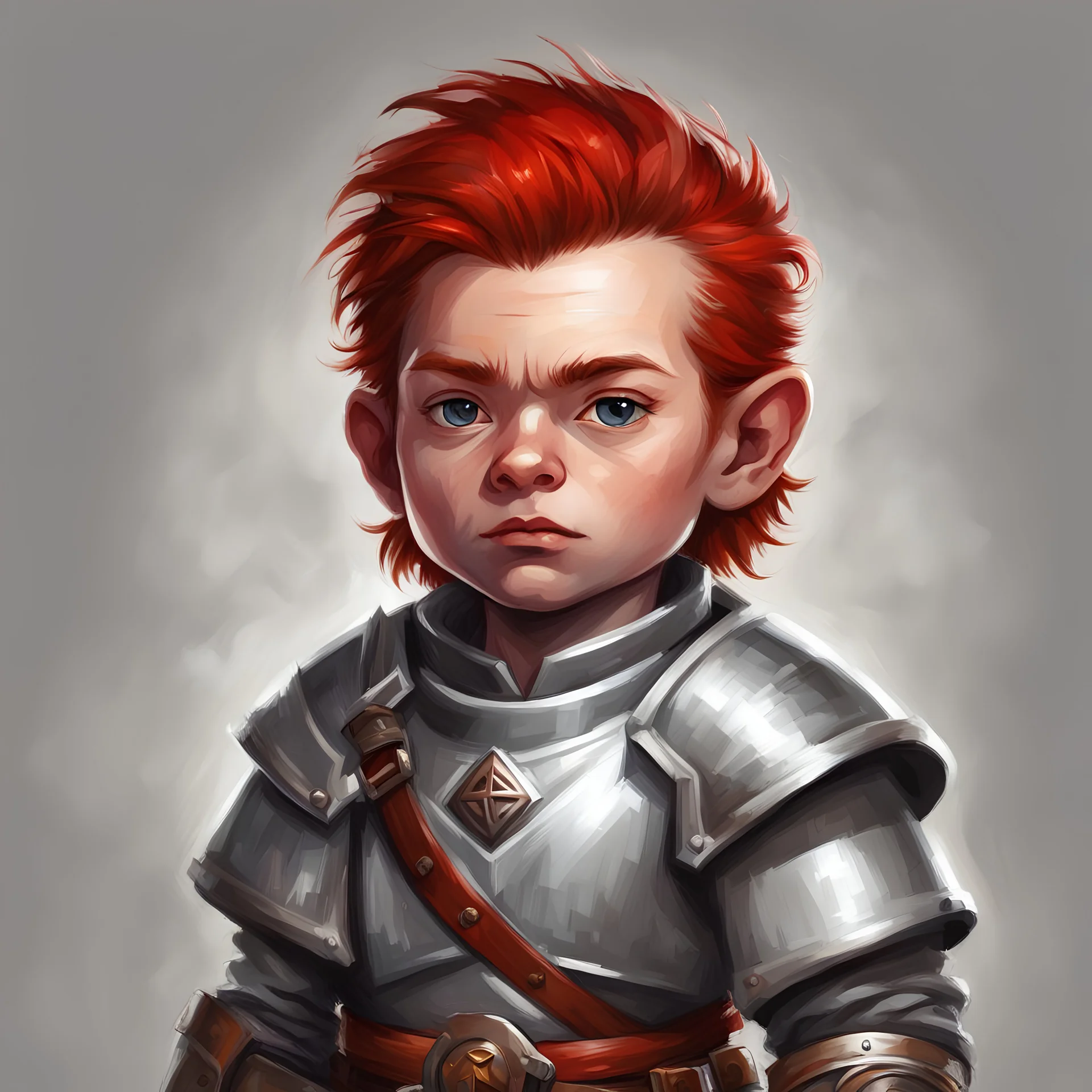 dnd, portrait of halfling cleric, silver red hair.